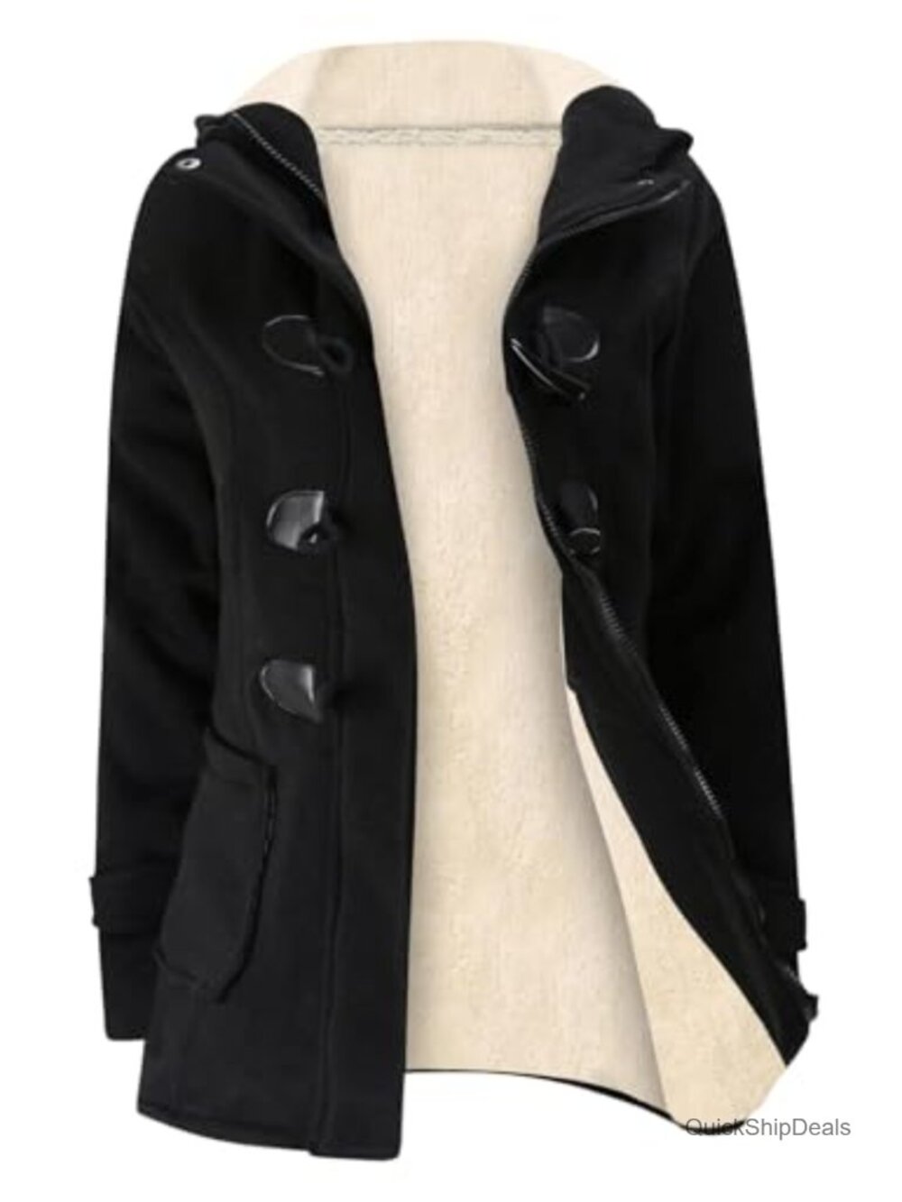Women's Sherpa Lined Winter Jacket, Fleece Hooded Coat, Duffle Closure, Warm